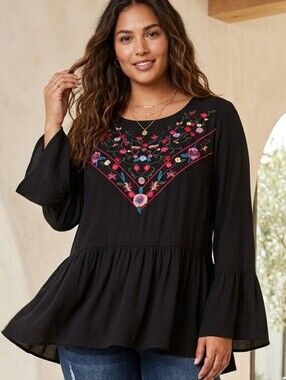 Time Black Blouse with Boho Floral Embroidery and Bell Sleeves M NWOT.